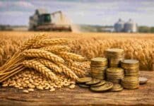 La baja de retenciones al trigo cubre apenas entre el 36% y el 38% de la suba de costos de los últimos tres meses Espigas de trigo doradas junto a pilas de monedas sobre superficie de madera, con cosechadora y silos al fondo
