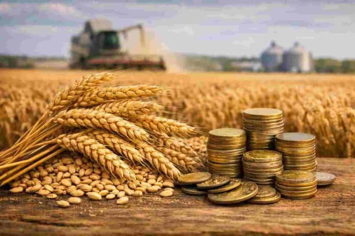 espigas_trigo_monedas Espigas de trigo doradas junto a pilas de monedas sobre superficie de madera, con cosechadora y silos al fondo