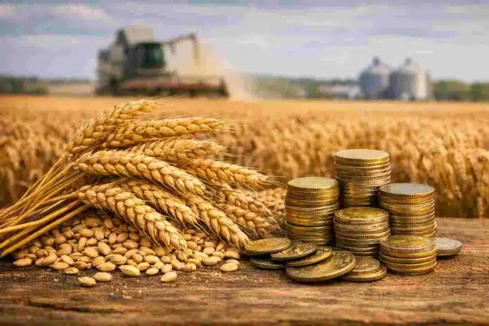 espigas_trigo_monedas Espigas de trigo doradas junto a pilas de monedas sobre superficie de madera, con cosechadora y silos al fondo