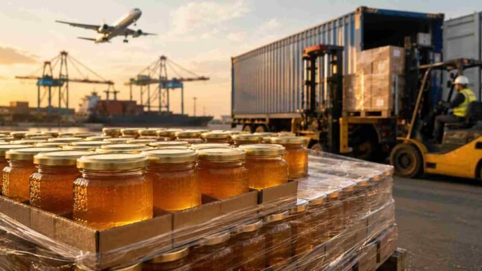 Frascos de miel argentina preparados para exportación en zona portuaria con contenedores, montacargas y buque de carga al fondo.