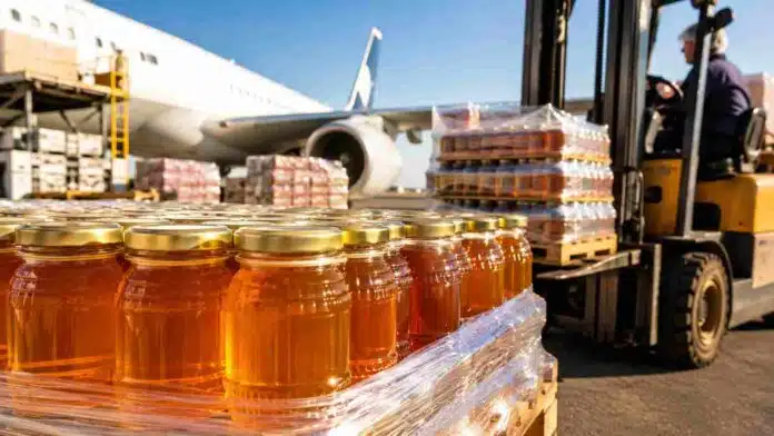 Frascos de miel listos para exportación junto a un avión de carga y pallets logísticos en una terminal aeroportuaria.