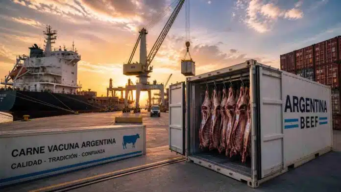 Contenedor frigorífico con carne vacuna argentina en puerto de exportación con buque de carga y grúas al fondo