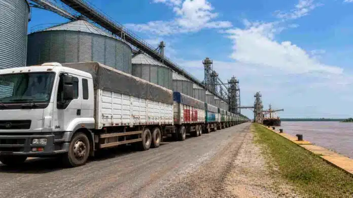 Fila de camiones cargados con granos esperando descarga en puerto agroexportador argentino, con silos y barco granelero a la vera del río.