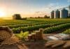 Financiamiento al agro en niveles récord: fuerte crecimiento de los créditos en dólares Campo agrícola con silos y maquinaria trabajando durante la cosecha, representando el crecimiento del financiamiento al sector agropecuario en Argentina