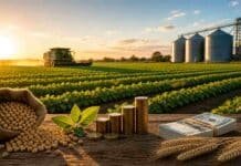 Financiamiento al agro en niveles récord: fuerte crecimiento de los créditos en dólares Campo agrícola con silos y maquinaria trabajando durante la cosecha, representando el crecimiento del financiamiento al sector agropecuario en Argentina