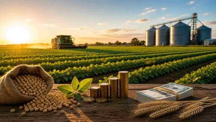 Campo agrícola con silos y maquinaria trabajando durante la cosecha, representando el crecimiento del financiamiento al sector agropecuario en Argentina