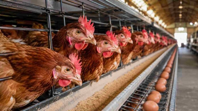 Gallinas ponedoras en una granja avícola industrial con línea de producción de huevos en Argentina.