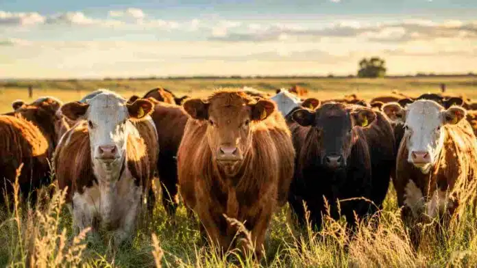 Rodeo de ganado bovino en un campo argentino durante el atardecer con pasturas naturales y cielo parcialmente nublado.