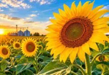 SENASA alerta por el jopo del girasol: cómo prevenir el ingreso de esta plaga en la época de siembra Girasol en primer plano sobre un campo agrícola al atardecer, con silos al fondo y luz cálida de la hora dorada.