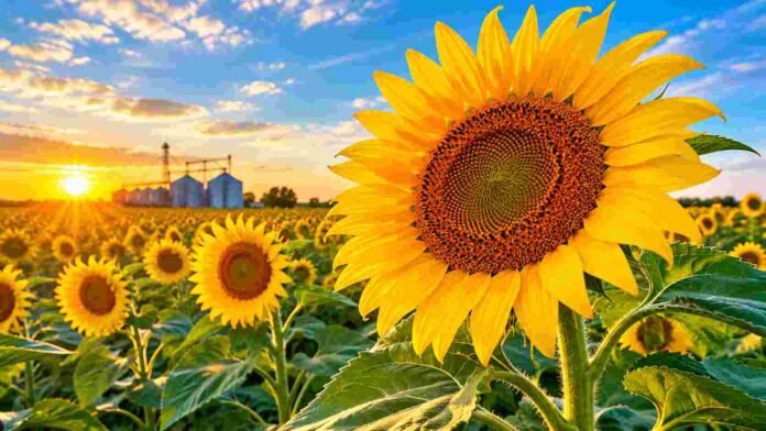 girasol-campo-atardecer Girasol en primer plano sobre un campo agrícola al atardecer, con silos al fondo y luz cálida de la hora dorada.