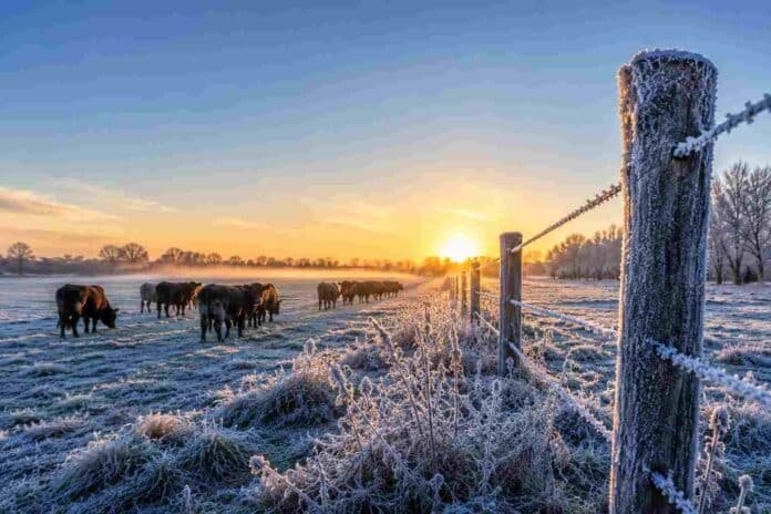 heladas-campo-ganaderia-frio-polar-ruralnet Campo cubierto por heladas al amanecer con ganado bovino y alambrados congelados bajo temperaturas extremas en una zona rural argentina.