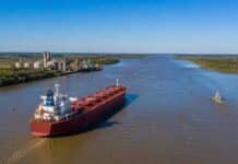 Hidrovía: el Gobierno confirmó a las dos finalistas y el 19 de mayo se conocerán las ofertas económicas Buque granelero navegando por la hidrovía Paraná-Paraguay junto a terminales portuarias y zonas de carga agroexportadora.