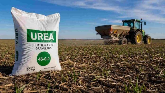 Bolsa de urea en lote agrícola con tractor fertilizando un cultivo de trigo en implantación en la región pampeana argentina.