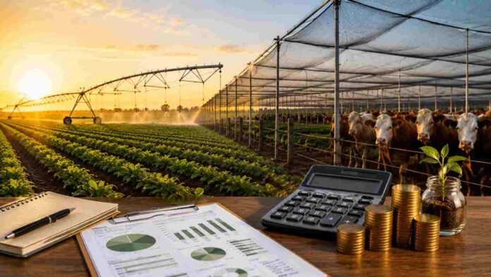 Sistema de riego y producción ganadera junto a elementos financieros que representan inversiones y beneficios fiscales para el agro argentino.