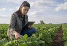 Los ingenieros agrónomos argentinos ganan hasta un 61% menos que sus pares en el exterior y la brecha de género llega al 72% Ingeniera agrónoma inspecciona un cultivo en el campo con una tablet, en una recorrida técnica para evaluar el estado del lote y el manejo agronómico.