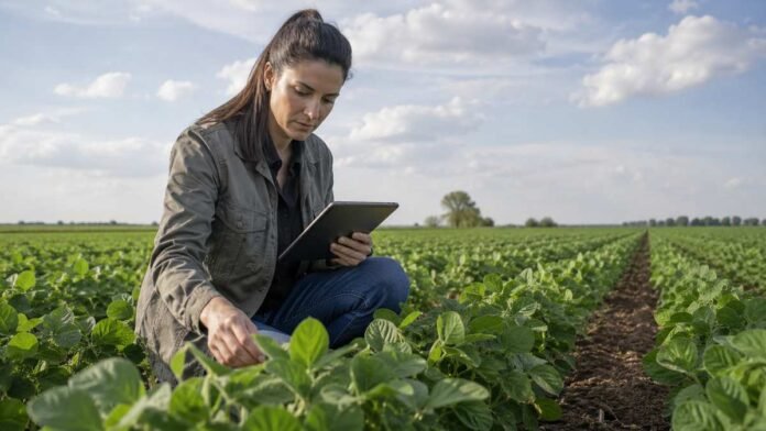 ingeniera-agronoma-campo-cultivo-soja-ruralnet Ingeniera agrónoma inspecciona un cultivo en el campo con una tablet, en una recorrida técnica para evaluar el estado del lote y el manejo agronómico.