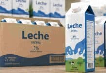 Escala la crisis de Lácteos Verónica: más de 3.800 cheques rechazados, plantas paralizadas y denuncias por vaciamiento Envases de leche entera sin marca exhibidos junto a cajas de distribución, imagen ilustrativa sobre industria láctea y comercialización de productos lácteos.