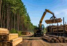 La foresto industria argentina creció 18% en 2026 y apunta a la India, EEUU y Europa con madera, papel y taninos Madera aserrada y troncos en planta forestal con maquinaria cargando madera para exportación en Argentina