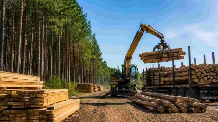 Madera aserrada y troncos en planta forestal con maquinaria cargando madera para exportación en Argentina