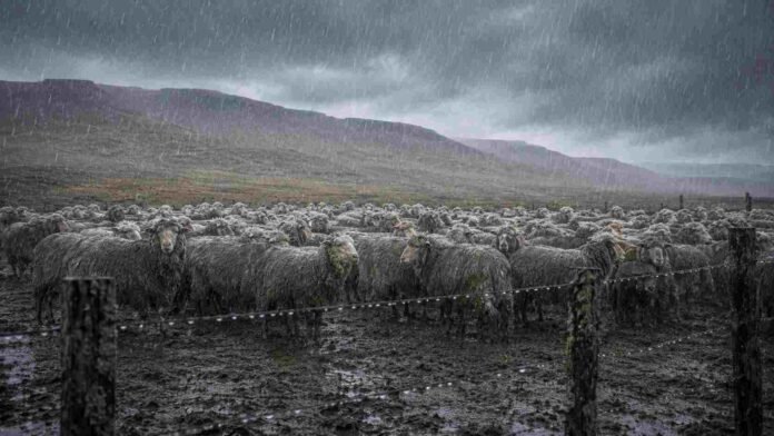 majada-ovejas-merino-lluvia-campo-patagonico Majada de ovejas merino agrupadas bajo lluvia intensa en un campo patagónico, con lana mojada, suelo barroso, alambrado con gotas de agua y cielo gris plomizo.