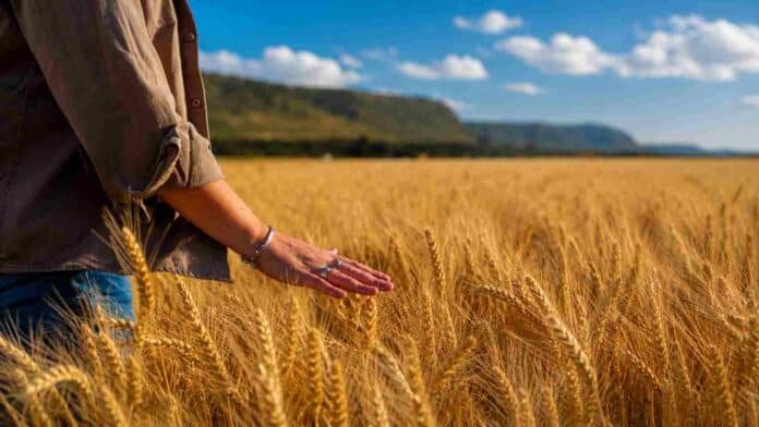 Persona recorriendo un lote de trigo maduro al atardecer, tocando las espigas en un paisaje agrícola de Argentina con luz cálida natural.