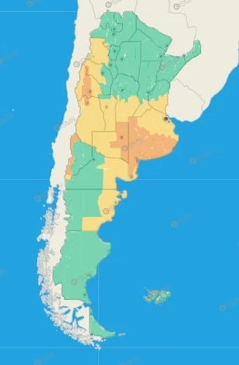 Mapa de alertas meteorológicas en Argentina con zonas bajo tormentas, lluvias intensas y diferentes niveles de advertencia del Servicio Meteorológico Nacional