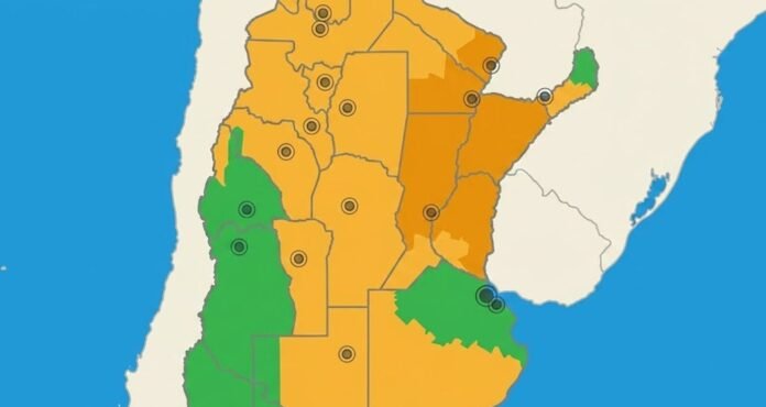 Mapa de alertas meteorológicas del SMN en Argentina con niveles de riesgo por provincias, mostrando zonas bajo alerta por tormentas y condiciones climáticas adversas