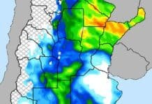 Pronóstico de lluvias hasta el 8 de junio: qué provincias recibirán tormentas y qué zonas seguirán secas Mapa de lluvias sobre Argentina con áreas de precipitaciones destacadas en colores intensos para el análisis agroclimático.