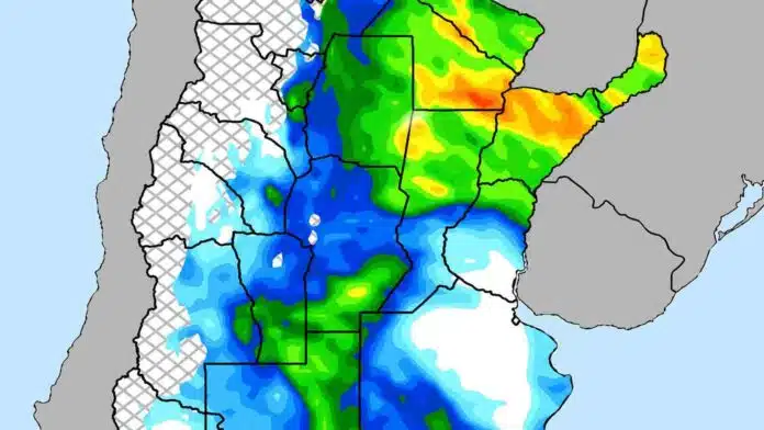 mapa-lluvias-argentina-pronostico-agroclimatico-ruralnet Mapa de lluvias sobre Argentina con áreas de precipitaciones destacadas en colores intensos para el análisis agroclimático.
