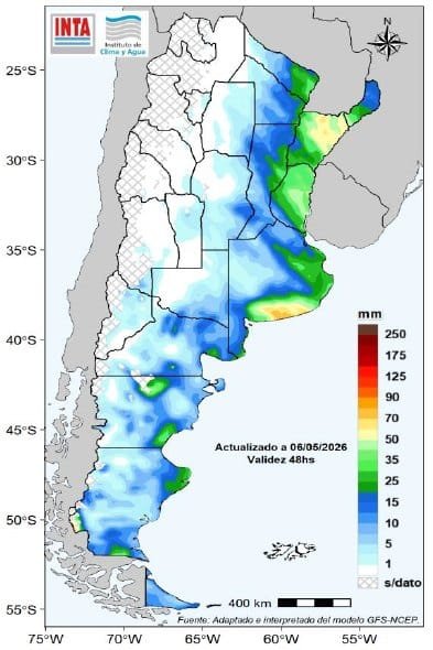 Mapa de precipitaciones en Argentina con acumulados en milímetros según modelo climático del INTA, mostrando distribución de lluvias por regiones