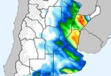 Pronóstico de lluvias hasta el 18 de mayo Mapa de lluvias intensas en Argentina con foco en la zona núcleo, mostrando acumulados de precipitación en milímetros con colores más vívidos según pronóstico meteorológico