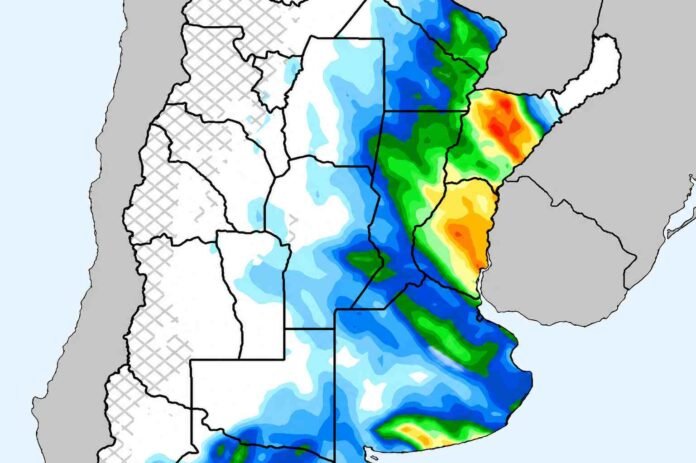 Mapa de lluvias intensas en Argentina con foco en la zona núcleo, mostrando acumulados de precipitación en milímetros con colores más vívidos según pronóstico meteorológico