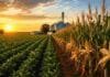 Campaña 2025/26: estrés hídrico y arrendamientos altos dejaron márgenes muy ajustados y una lección comercial clave para noviembre Lote agrícola con maíz y soja al atardecer, silos al fondo y paisaje rural que representa el análisis de márgenes de la campaña gruesa.