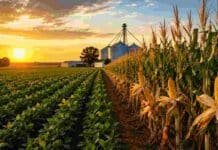 Campaña 2025/26: estrés hídrico y arrendamientos altos dejaron márgenes muy ajustados y una lección comercial clave para noviembre Lote agrícola con maíz y soja al atardecer, silos al fondo y paisaje rural que representa el análisis de márgenes de la campaña gruesa.