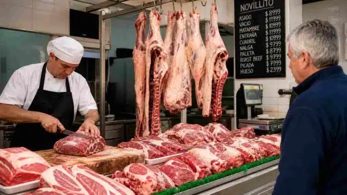 Media res colgada y cortes de carne exhibidos en carnicería argentina, mostrando la cadena de valor desde la faena hasta el mostrador.