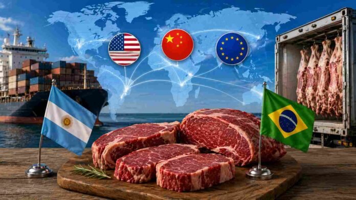 Escena conceptual del comercio internacional de carne vacuna con exportaciones argentinas y brasileñas hacia Estados Unidos, China y la Unión Europea.
