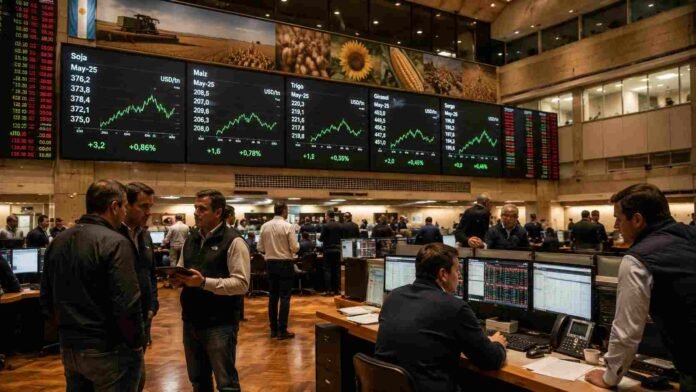 Operadores y corredores trabajando en una moderna bolsa de comercio de granos en Argentina con pantallas de cotizaciones de soja y maíz en tiempo real