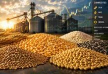 Granos: cerró una nueva semana de actividad en el mercado de granos local, con la soja acaparando el grueso de la operatoria y sosteniendo valores estables entre sesiones, mientras que el trigo y el maíz no presentaron novedades significativas Mercado de granos y commodities agrícolas con soja, maíz, trigo y girasol frente a silos, gráficos financieros y cotizaciones internacionales.