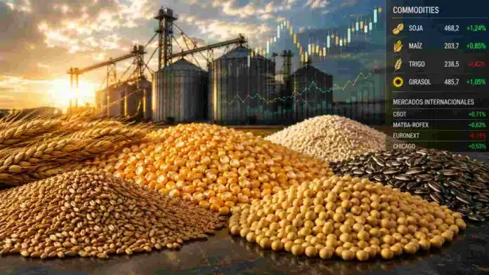 Mercado de granos y commodities agrícolas con soja, maíz, trigo y girasol frente a silos, gráficos financieros y cotizaciones internacionales.