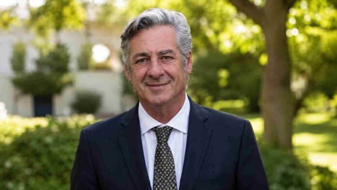 Nicolás Pino, presidente de la Sociedad Rural Argentina, posa con traje en un entorno exterior institucional con fondo verde desenfocado.