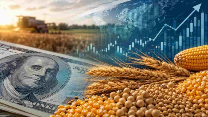 Composición agrofinanciera con soja, maíz, trigo y gráficos económicos que representan un fondo de inversión vinculado al dólar y estrategias en granos.