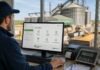 Un año sin RUCA: cómo cambió el registro de operadores de granos y qué implica para los del sector Operador trabajando en sistema digital agropecuario frente a silos y camiones cerealeros en planta de acopio argentina.