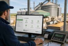 Un año sin RUCA: cómo cambió el registro de operadores de granos y qué implica para los del sector Operador trabajando en sistema digital agropecuario frente a silos y camiones cerealeros en planta de acopio argentina.