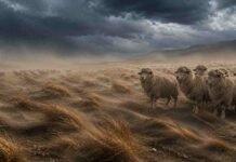 Ráfagas de más de 100 km/h azotan este lunes la Patagonia sur Ovejas Merino en la estepa patagónica argentina bajo fuertes vientos y cielo tormentoso, con polvo y pastos secos arrastrados por ráfagas intensas en un paisaje frío y árido de la Patagonia.