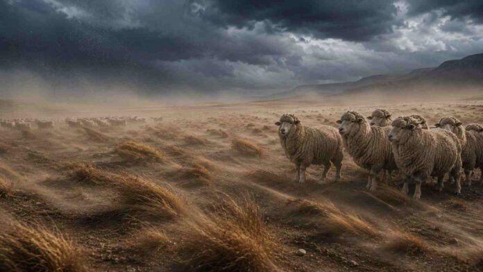 Ovejas Merino en la estepa patagónica argentina bajo fuertes vientos y cielo tormentoso, con polvo y pastos secos arrastrados por ráfagas intensas en un paisaje frío y árido de la Patagonia.