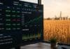 La soja sube y lidera el mercado de Rosario mientras Chicago cierra dispar Pantalla con cotizaciones y gráficos del mercado de granos frente a un campo agrícola argentino desenfocado al atardecer