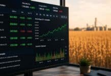 La soja sube y lidera el mercado de Rosario mientras Chicago cierra dispar Pantalla con cotizaciones y gráficos del mercado de granos frente a un campo agrícola argentino desenfocado al atardecer