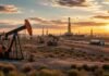 La producción de petróleo en 2026 podría marcar un récord histórico en Argentina Yacimiento petrolero en Vaca Muerta con múltiples pumpjacks en funcionamiento, torres de perforación y camiones cisterna bajo luz de atardecer, representando el crecimiento récord de la producción de petróleo en Argentina.