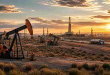 La producción de petróleo en 2026 podría marcar un récord histórico en Argentina Yacimiento petrolero en Vaca Muerta con múltiples pumpjacks en funcionamiento, torres de perforación y camiones cisterna bajo luz de atardecer, representando el crecimiento récord de la producción de petróleo en Argentina.