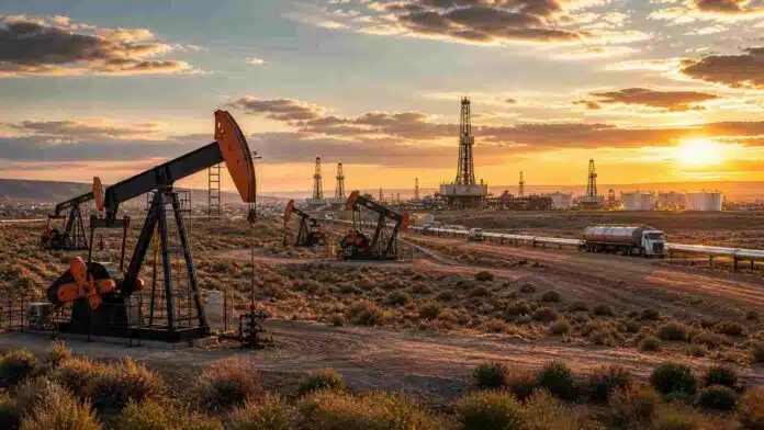 Yacimiento petrolero en Vaca Muerta con múltiples pumpjacks en funcionamiento, torres de perforación y camiones cisterna bajo luz de atardecer, representando el crecimiento récord de la producción de petróleo en Argentina.